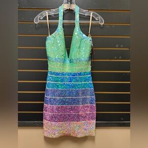 NWT Mori Lee by Madeline Gardner Pastel Rainbow Sequin Bondage Halter S $459